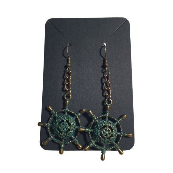 Nautical Ship Wheel Drop Earrings Antique Bronze Patina Chain Hook Dangle Beach - Picture 2 of 5